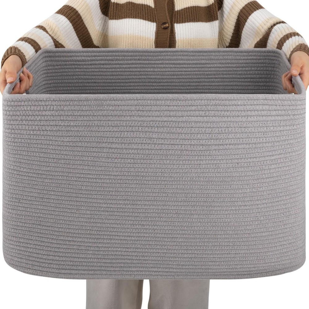 OIAHOMY XXLarge Rectangle Blanket Basket-96L, Cotton Woven Basket for Storage, Dirty Clothes Basket for Living Room, Nursery, Bedroom, Toy Organizing with Handle, 24 x 16 x 15, Grey