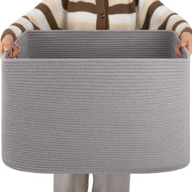 OIAHOMY XXLarge Rectangle Blanket Basket-96L, Cotton Woven Basket for Storage, Dirty Clothes Basket for Living Room, Nursery, Bedroom, Toy Organizing with Handle, 24 x 16 x 15, Grey