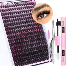 FANXITON DIY Lash Extension Kit Full Lash Clusters 288 pcs Thick Lash Clusters Kit D 10-18 mm Cluster Eyelash Extension Kit with Lash Bond and Seal Lash Tweezers Individual Lashes For Beginners