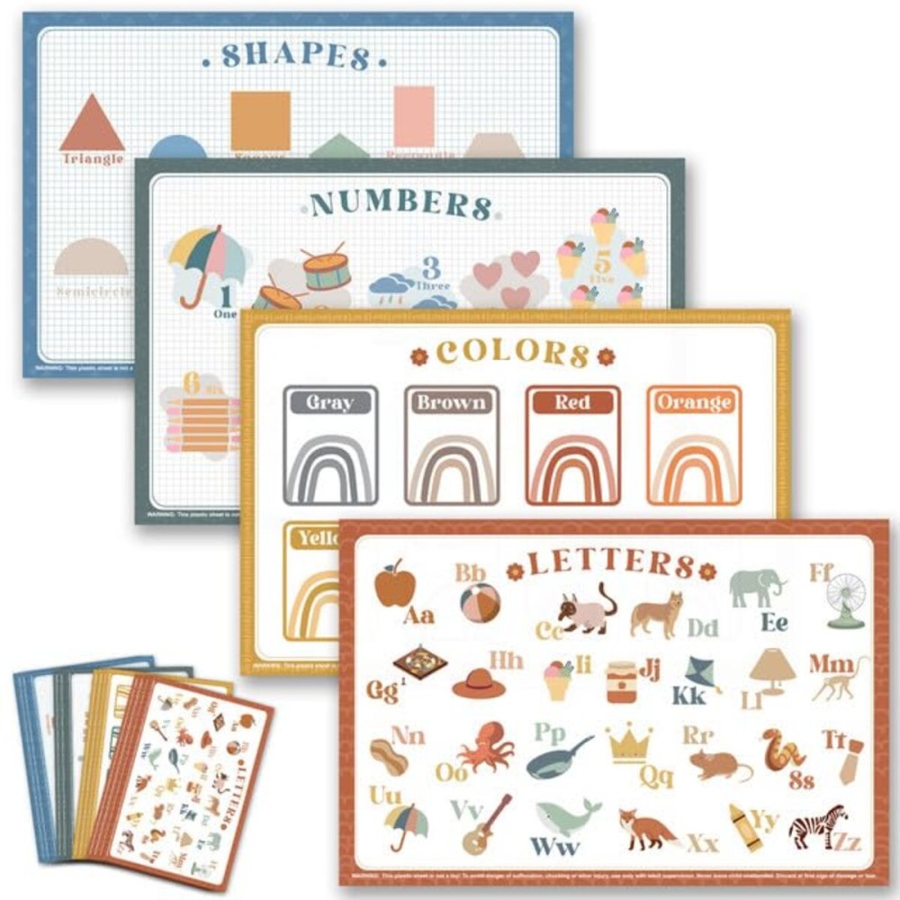 Babebay Disposable Placemats for Baby, 60 Pack Sticky Toddler Placemat for Restaurants, Dining Table, Party, Travel, 12 x 18 with 4 Designs