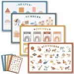 Babebay Disposable Placemats for Baby, 60 Pack Sticky Toddler Placemat for Restaurants, Dining Table, Party, Travel, 12 x 18 with 4 Designs