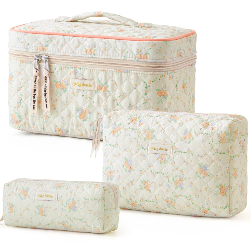 HBselect Quilted Makeup Bag, 3PCS Cotton Large Travel Makeup Bag, Cute Floral Coquette Make up Bag Cosmetic Bag Toiletry Bag for Women Girls