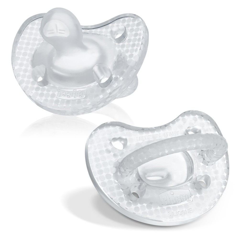 Chicco PhysioForma Luxe Orthodontic Pacifier, 0-6m | 100% Soft Silicone | Supports Breathing & Oral Development | Textured Shield & Handle | Includes Sterilizing Case | BPA Free | Crystal, 2pk