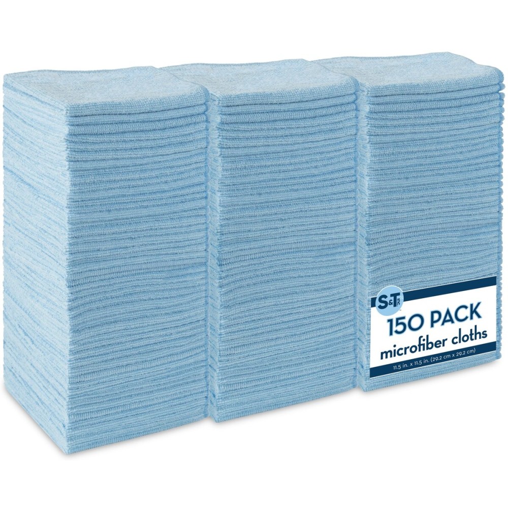 S&T INC. 150 Pack Microfiber Cleaning Cloth, Bulk Towels for Home, Reusable Microfiber Towels for Cars, Cleaning Rags, Light Blue, 11.5 Inches x 11.5 Inches, 150 Count