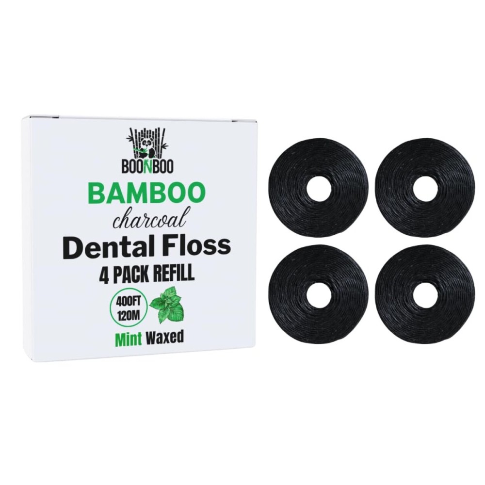 BOONBOO Dental Floss Refill Rolls, Charcoal Woven Thread, 4 Pack, Mint Flavor