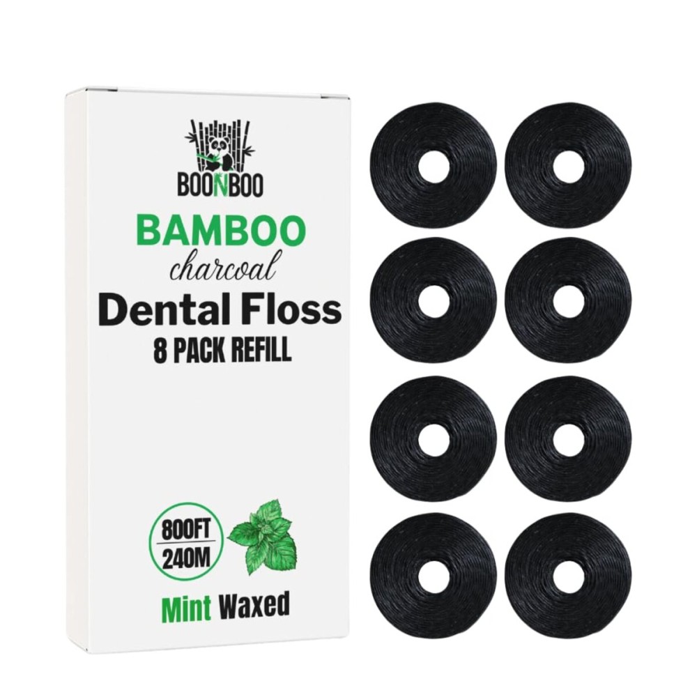 BOONBOO Dental Floss Refill Rolls, Charcoal Woven Thread, 8 Pack, Mint