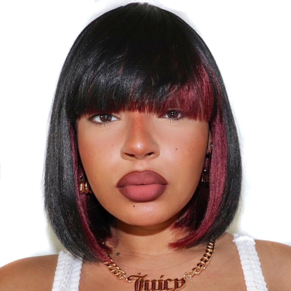 ToyoTress Peek-a-boo Color Bob Wigs With Bangs - 14 Inch BLunt Cut Bob Wig For Black Women Black Mix Burgundy Light Yaki Straight Daily Costume Wig Synthetic Wigs Heat Resistant (14 Inch, SH-Burg)