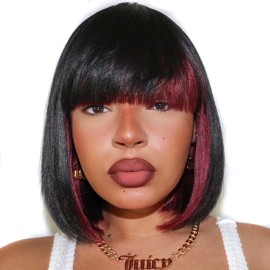 ToyoTress Peek-a-boo Color Bob Wigs With Bangs - 14 Inch BLunt Cut Bob Wig For Black Women Black Mix Burgundy Light Yaki Straight Daily Costume Wig Synthetic Wigs Heat Resistant (14 Inch, SH-Burg)