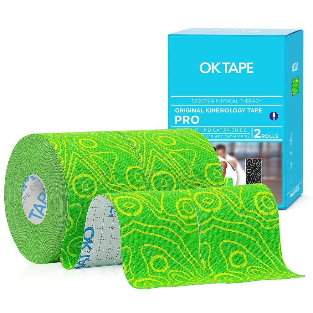 OK TAPE PRO Kinesiology Tape Uncut Roll, Elastic Physical Therapy Athletic Tape for Pain Relief, Muscle Support, Kinetic Tape, Water Resistant, 2in X 16.4ft -Green 2 Rolls