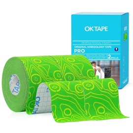 OK TAPE PRO Kinesiology Tape Uncut Roll, Elastic Physical Therapy Athletic Tape for Pain Relief, Muscle Support, Kinetic Tape, Water Resistant, 2in X 16.4ft -Green 2 Rolls