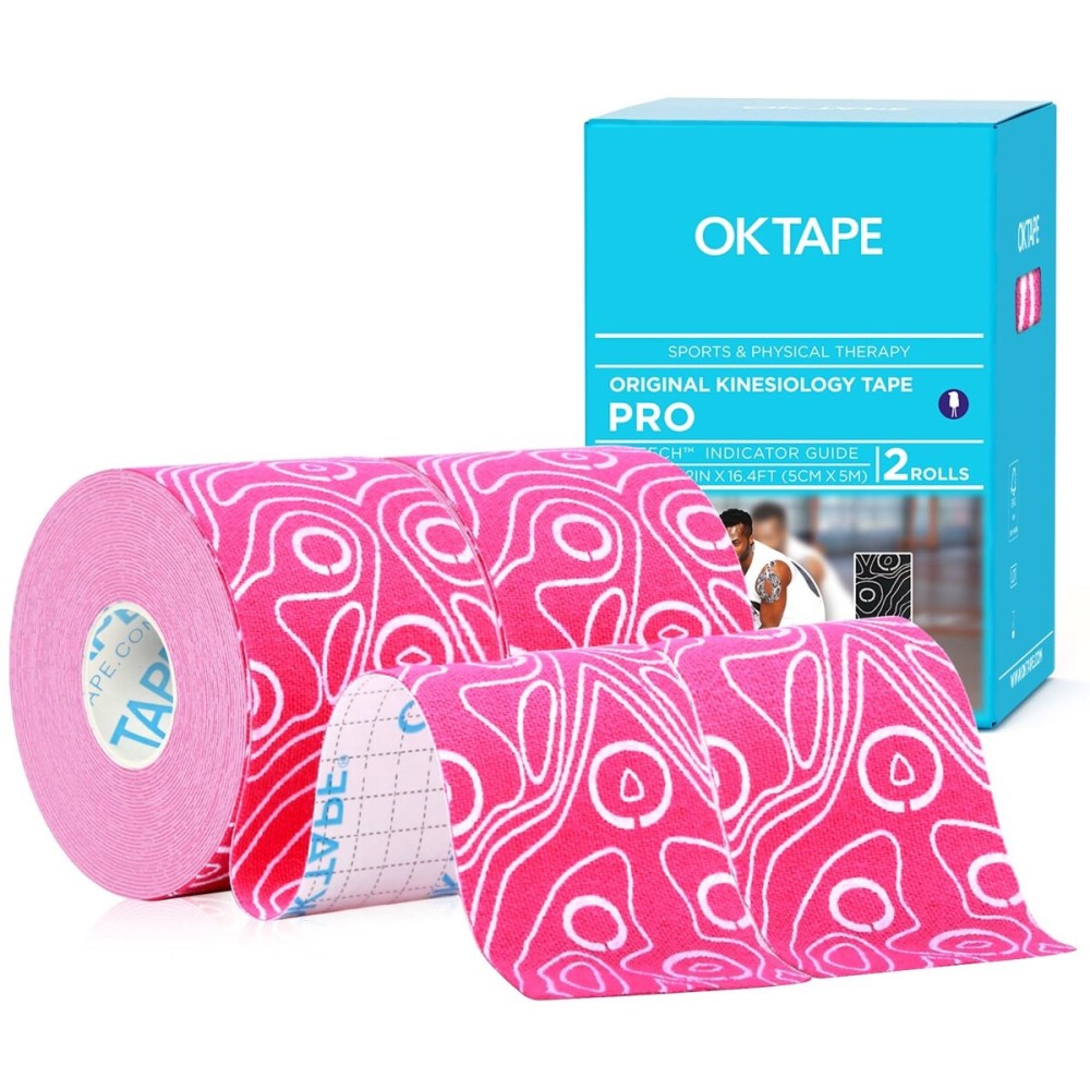 OK TAPE PRO Kinesiology Tape Uncut Roll, Elastic Physical Therapy Athletic Tape for Pain Relief, Muscle Support, Kinetic Tape, Water Resistant, 2in X 16.4ft -Pink 2 Rolls