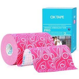 OK TAPE PRO Kinesiology Tape Uncut Roll, Elastic Physical Therapy Athletic Tape for Pain Relief, Muscle Support, Kinetic Tape, Water Resistant, 2in X 16.4ft -Pink 2 Rolls