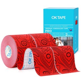 OK TAPE PRO Kinesiology Tape Uncut Roll, Elastic Physical Therapy Athletic Tape for Pain Relief, Muscle Support, Kinetic Tape, Water Resistant, 2in X 16.4ft -Red 2 Rolls