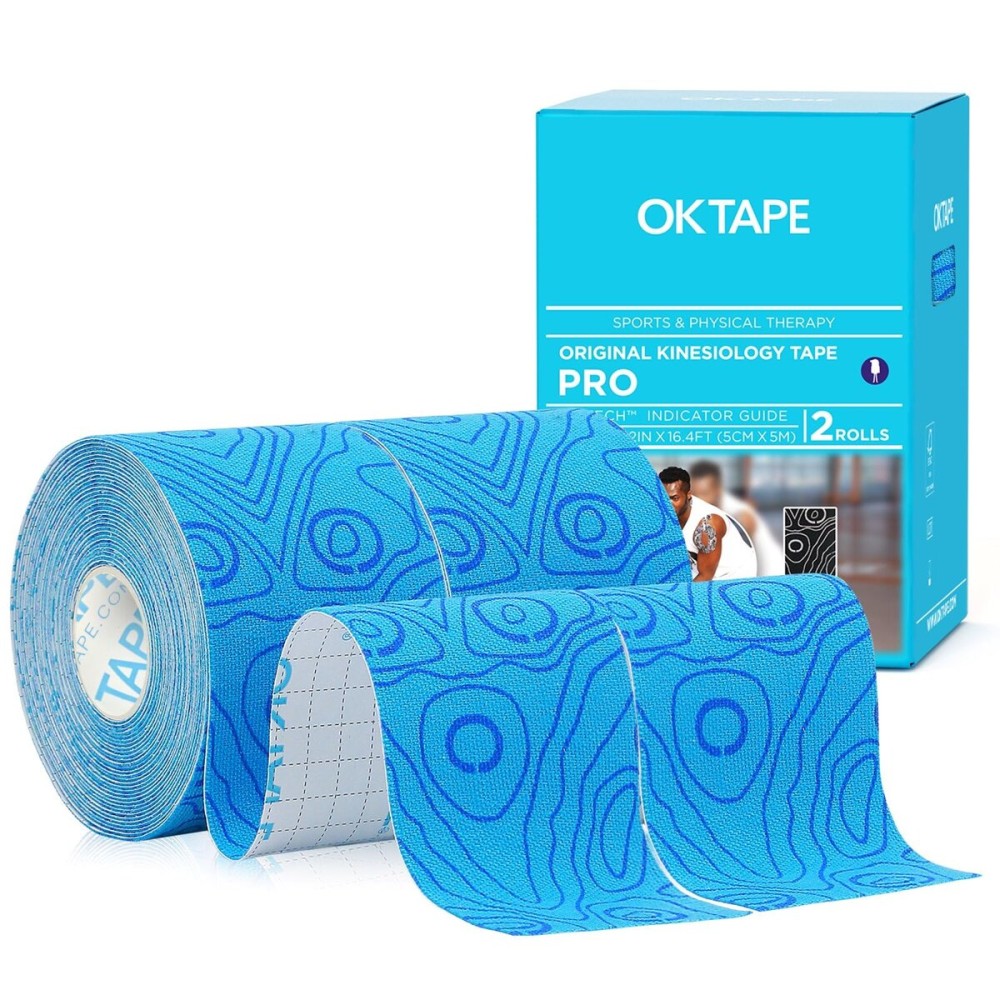 OK TAPE PRO Kinesiology Tape Uncut Roll, Elastic Physical Therapy Athletic Tape for Pain Relief, Muscle Support, Kinetic Tape, Water Resistant, 2in X 16.4ft -Blue 2 Rolls