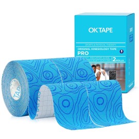 OK TAPE PRO Kinesiology Tape Uncut Roll, Elastic Physical Therapy Athletic Tape for Pain Relief, Muscle Support, Kinetic Tape, Water Resistant, 2in X 16.4ft -Blue 2 Rolls