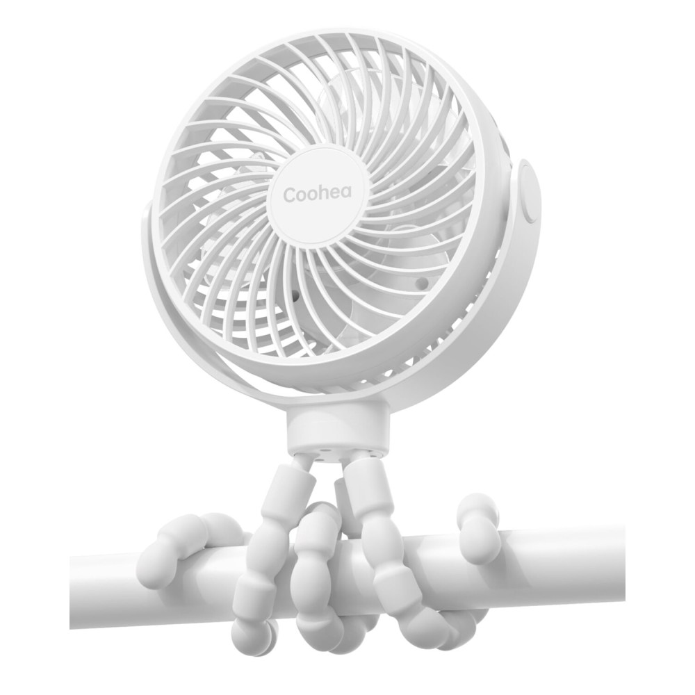 Coohea Stroller Fan Clip on for Baby, 4000mAh Rechargeable Battery Operated, Flexible Tripod, 3 Wind Speed, 360 Rotatable, Small Portable Fan for Car Seat Crib Golf Cart Bike Beach Travel, White