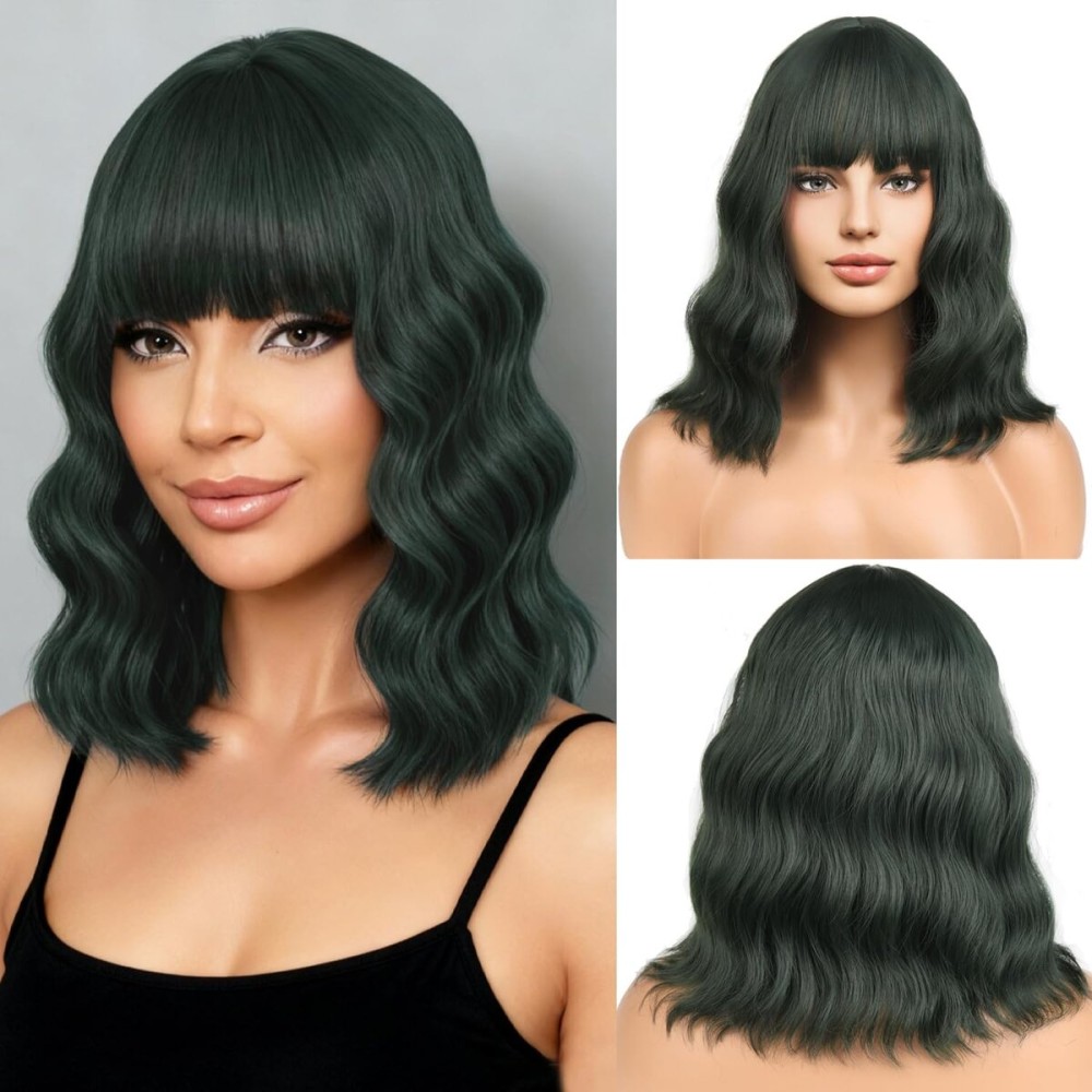 BERON 14 Inches Dark Green Wig for Women Short Curly Wig Green Wigs with Bangs Loose Wavy Wigs for Daily or Party