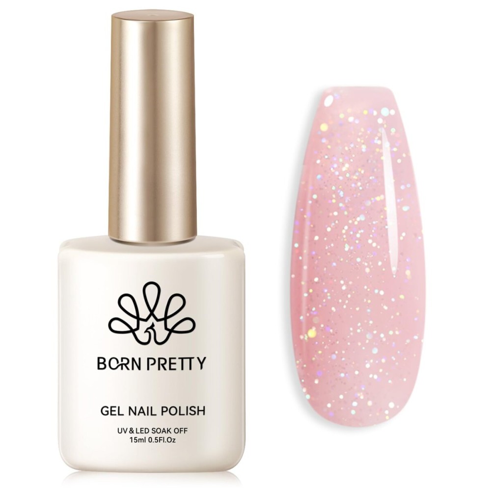 Born Pretty Jelly Gel Nail Polish Jelly Glitter Pink Gel Polish Holographic Shimmer Pink Natural Translucent Soak Off Hema-Free Gel Polish Nail Art DIY 15ML