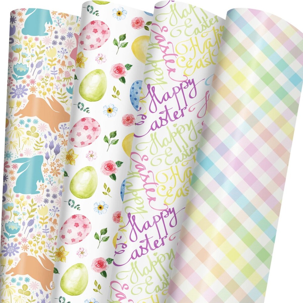 ZINTBIAL Easter Wrapping Paper for Kids Adults - Holiday Gift Wrap with Watercolor Egg, Rabbit, Rainbow Plaid and Happy Easter Letters Designs - 20 x 29 Inches per Sheet (8 Sheets 33 sq. ft.)