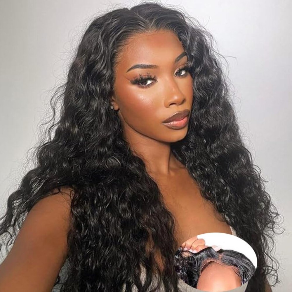 WPPIKK Wear and Go Glueless Wigs Human Hair Pre Plucked Pre Cut Brazilian Deep Wave Lace Front Wigs Human Hair 4x4 Lace Closure Wig for 4x4 Lace Black Color Women Glueless (26 Inch)