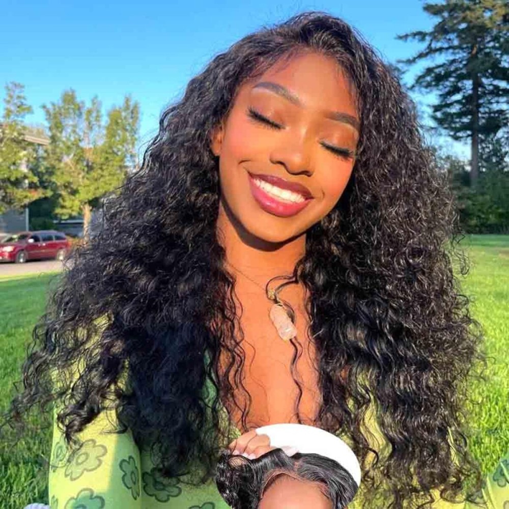 WPPIKK Wear and Go Glueless Wigs Human Hair Pre Plucked Pre Cut Brazilian Deep Wave Lace Front Wigs Human Hair 4x4 Lace Closure Wig for 4x4 Lace Black Color Women Glueless (22 Inch)