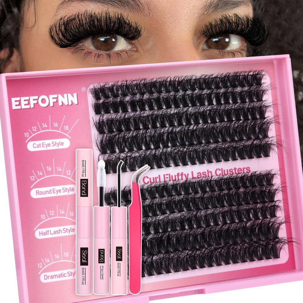 Eefofnn DIY Lash Extension Kit Fuzzy Mink Cluster Lashes Kit Natural Volume Eyelashes Extensions with Lash Bond and Seal Tweezers 50D Eyelash Clusters 10-18MM Fluttery Individual Lashes Extension Kit
