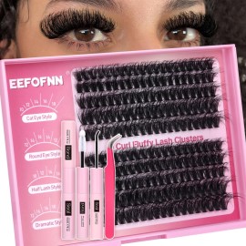 Eefofnn DIY Lash Extension Kit Fuzzy Mink Cluster Lashes Kit Natural Volume Eyelashes Extensions with Lash Bond and Seal Tweezers 50D Eyelash Clusters 10-18MM Fluttery Individual Lashes Extension Kit