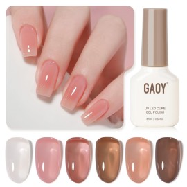GAOY Jelly Brown Gel Nail Polish Set, 6 Transparent Sheer White Pink Colors, UV Light Cure Gel Polish for Salon and Nail Art DIY at Home