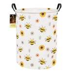 HUNRUNG Laundry Hamper,Large Canvas Fabric Lightweight Storage Basket Toy Organizer Dirty Clothes Collapsible Waterproof for College Dorms(Round-Bee)