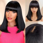 Lativ Bob Wig with Bangs Human Hair 4x2 Lace Bob Wig Human Hair with Bangs 150% Density Middle Part Natural Black(14 Inch,Bob With Bangs)