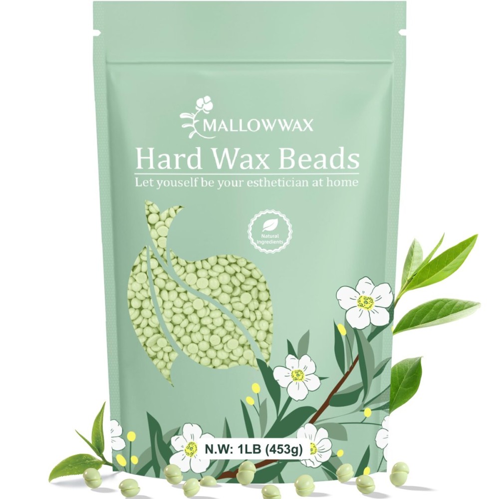 Mallowwax Hard Wax Beads - Wax for Sensitive Skin Hair Removal - Tea Tree Wax Beads for Face, Underarms, Bikini, Legs