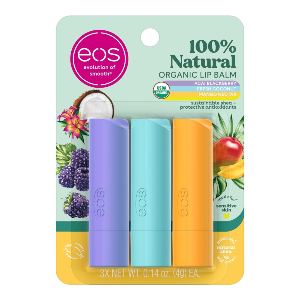 eos Natural Shea Lip balm - Acai Blackberry, Fresh Coconut, Mango Nectar, eos lip balm, All-Day Moisture, Lip Care, Shea Butter, Moisturizing, 0.14 oz, 3-Pack Sticks