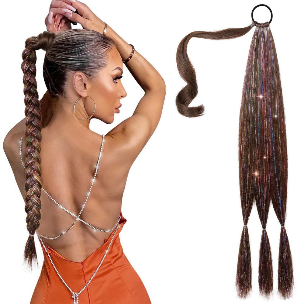 SEIKEA Braid Ponytail Extension with Glitter Hair Tinsel, 26 Long Straight DIY Braid Hair Extension with Hair Tie, Wrap Around Hair Extensions Ponytail Natural Soft Synthetic Hairpiece Mixed Brown