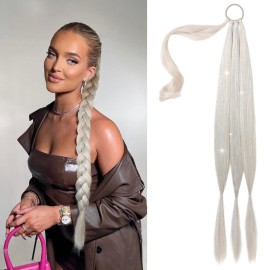 SEIKEA Braid Ponytail Extension with Glitter Hair Tinsel, 26 Long Straight DIY Braid Hair Extension with Hair Tie, Wrap Around Hair Extensions Ponytail Natural Synthetic Hairpiece Platinum Blonde