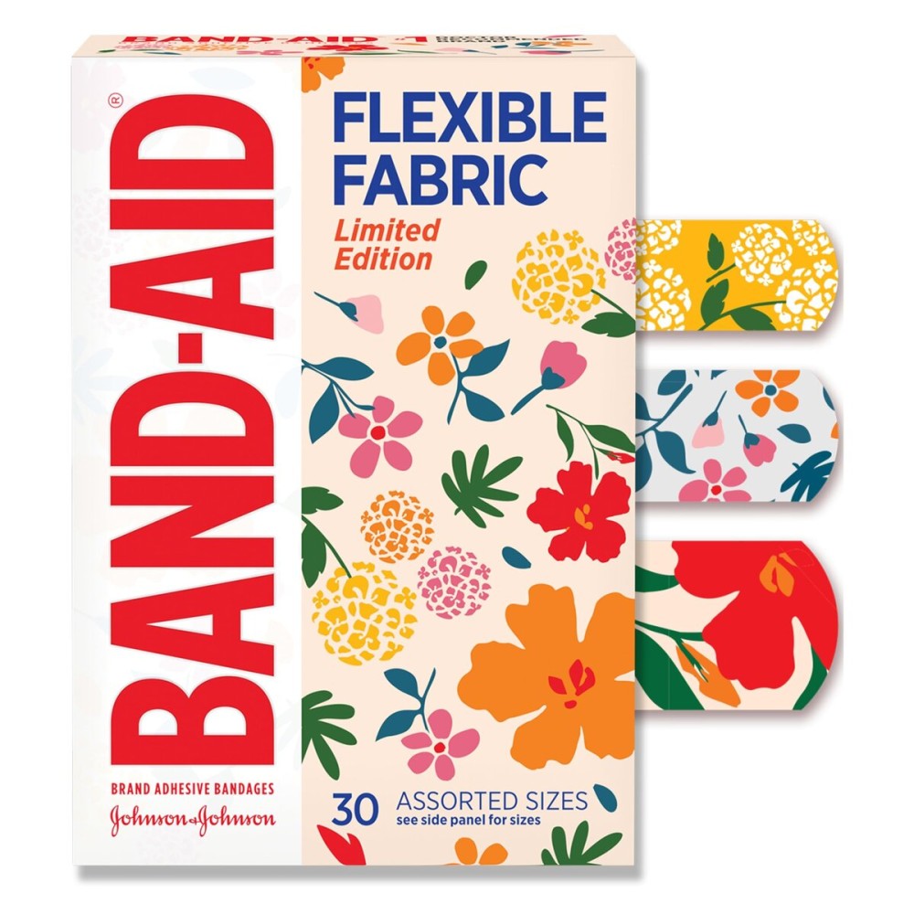 Band-Aid Brand Flexible Fabric Adhesive Bandages, Comfortable Flexible Protection & Wound Care for Minor Cuts & Scrapes, First Aid Bandage with a Wildflower Design, Assorted Sizes, 30 ct