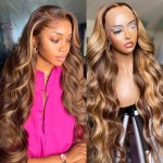 Yamikk 13x5 Honey Blonde Ombre Lace Front Wigs Human Hair Pre Plucked with Baby Hair 180 Density 4/27 Highlight Colored Body Wave Hd Frontal Wigs Human Hair 28 Inch