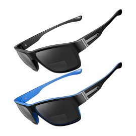 SKYOAK 2 PACK Upgraded Unbreakable Bifocal Reading Sunglasses Men TR90 Frame Wrap Around Design Glasses UV400 Protection Outdoor Sun Reader Sports/Driving (Black & Blue +2.0)