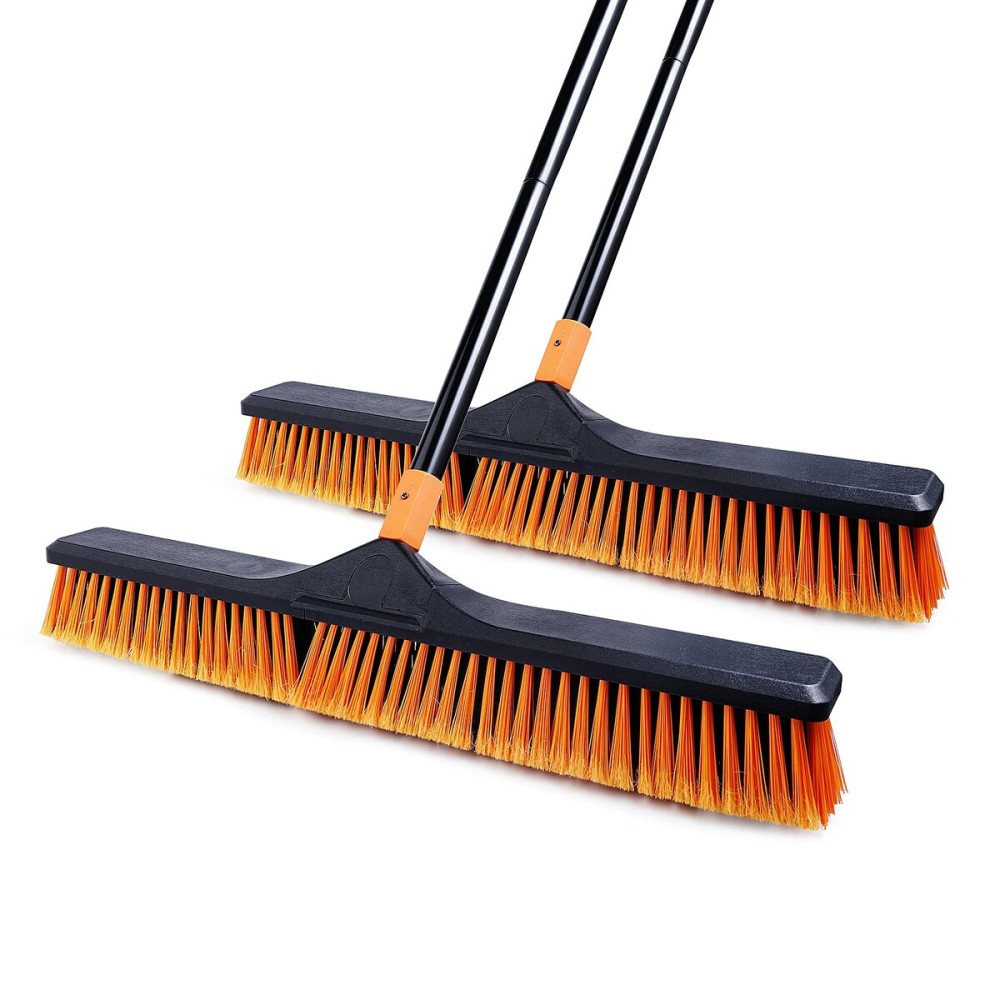 CLEANHOME 24Push Broom Brush for Floor Cleaning with 65 Long Handle and Stiff Bristles, Heavy Duty Brush for Shop, Deck, Garage, Concrete,Indoor and Outdoor Broom 2 Set,Orange