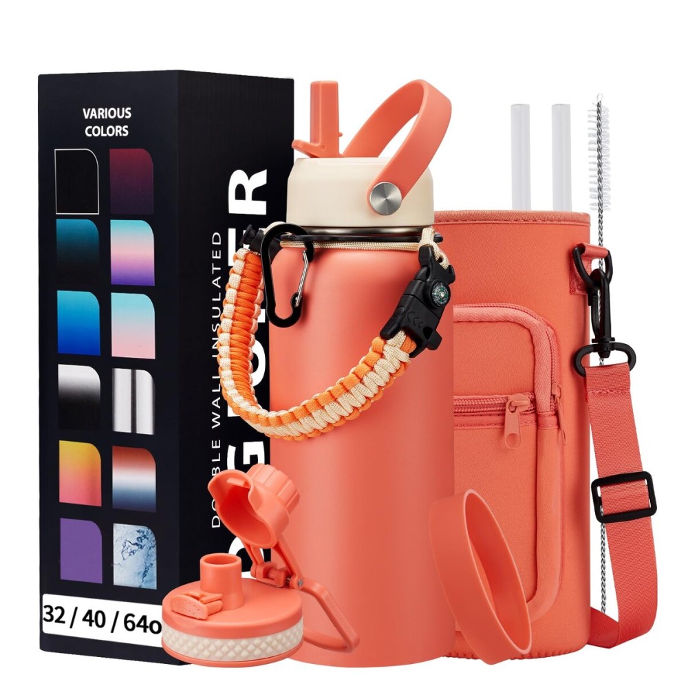 32 oz Sports Water Bottle Insulated - w/Paracord Handle, Straw & Spout Lids, Protective Boot, Sweat Proof Hydro Metal Water Flask Keeps Cold-48H Hot-24H, Travel Thermo Mug for Sports Hiking