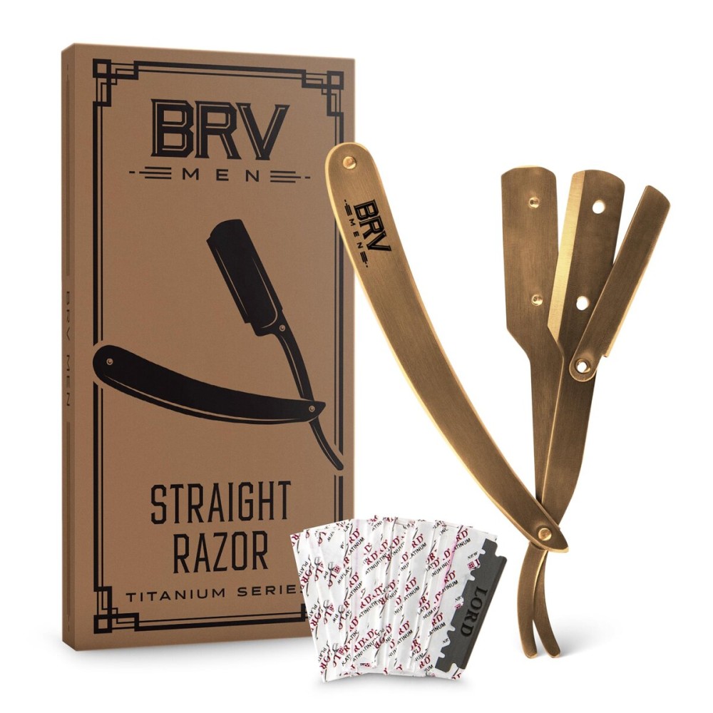 BRV MEN Straight Razor | Titanium Series | 100 Single Edge Blades | Straight Edge Razor | Shavette | Barber Razor | Mens Shaving Knife | Straight Razor Kit | For Men (Titanium Bronze)