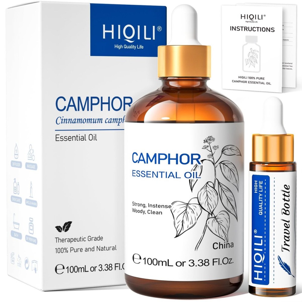 HIQILI 100ML Camphor Essential Oil Pure, 100% Undiluted for Skin, Diffuser, Aromatherapy - 3.38 Fl Oz
