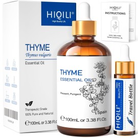HIQILI 3.38 Fl Oz Thyme Essential Oil, 100% Pure Undiluted for Hair, Skin, Diffuser, Aromatherapy, Includes 10ML Travel Bottle - 100ML
