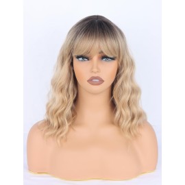 SYMEIW Blonde Wavy Wig with Bangs for Women Shoulder Length Synthetic Wigs Natural Wavy Blonde With Dark Brown Roots Wigs Heat Resistant for Daily Party Use
