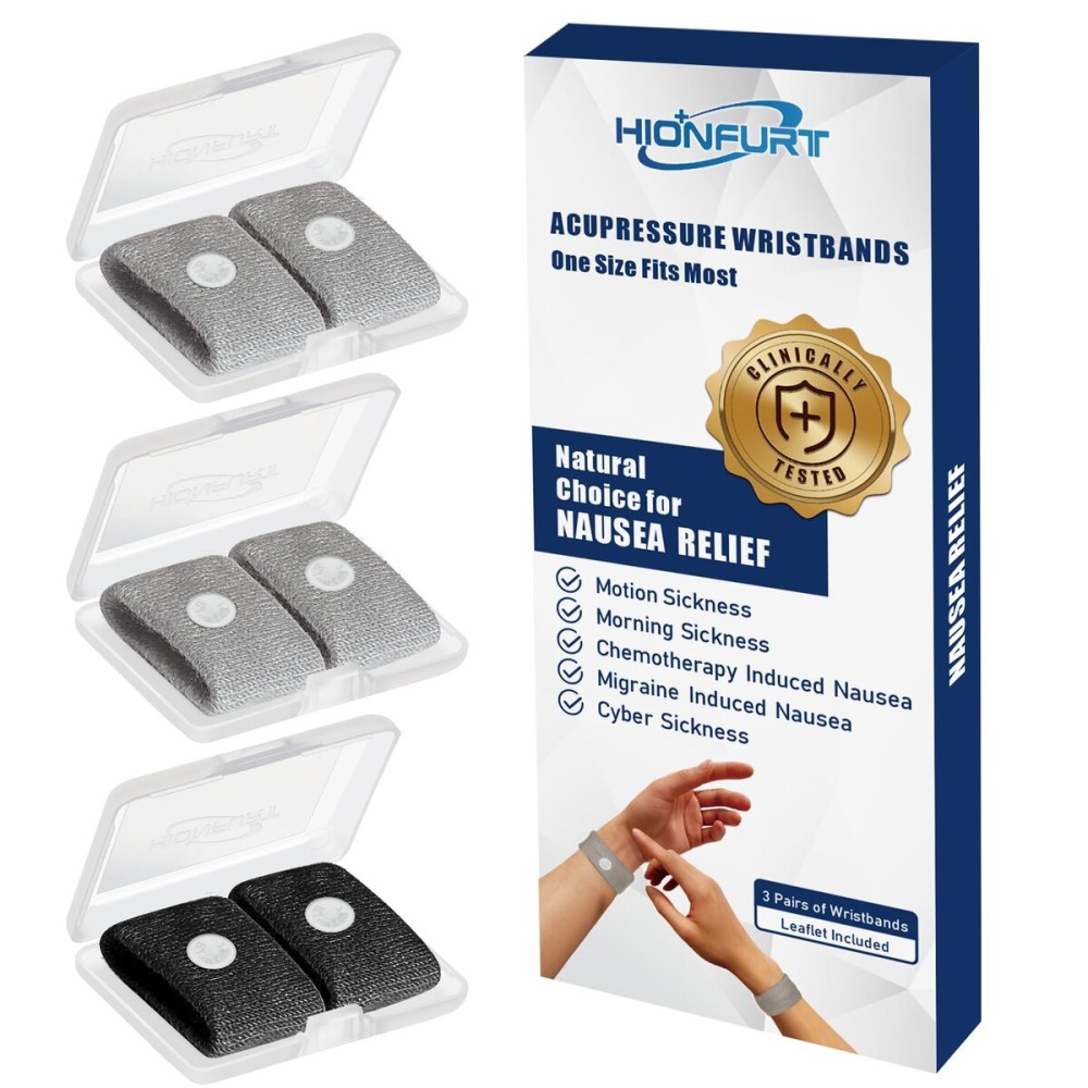 Hionfurt Motion Sickness Bands Anti Nausea Wristband for Adult and Kids Morning Sickness Relief for Pregnant Women Acupressure Nausea Relief for Car, Sea, Air Sickness - 3 Pairs Grey, Grey, Black