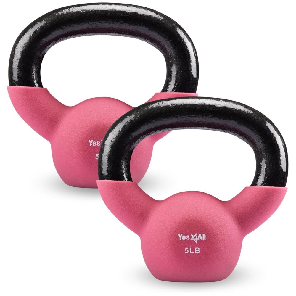 Yes4All Kettlebell, Pair 5 LB Neoprene Coated Cast Iron Kettlebells, Wide Grip Handle & Flat Bottom for Swings, Squats, Deadlifts, Push Ups & Full Body Training at Home Gym