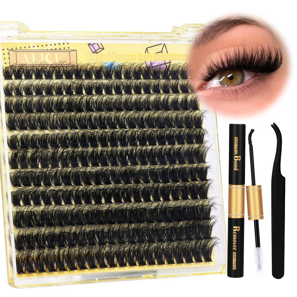 ALICE Lash Clusters Kit Lash Extension Kit Thick Volume 3D Wispy DIY Eyelash Extension Kit with 220Pcs Mink Look Individual Lashes, Lash Bond and Remover,Tweezers(10-16mm,0.05D)