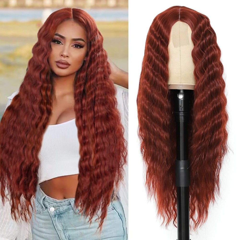 INSTASTYLE 30inch Curly Wig Long Synthetic Wigs for Black Women Ginger Red Deep Wave Synthetic Curly Wig Lace Front with 4 Simulated Scalp Natural Crimps Curls Hair Replacement Wig350