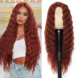 INSTASTYLE 30inch Curly Wig Long Synthetic Wigs for Black Women Ginger Red Deep Wave Synthetic Curly Wig Lace Front with 4 Simulated Scalp Natural Crimps Curls Hair Replacement Wig350