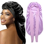 2Pcs Bonnets for Black Women Braid Bonnet, Large Long Satin Bonnet for Braids, Silk Bonnet with Stretchy Tie Band Sleep Cap Hair (2Pcs-Black&Purple)