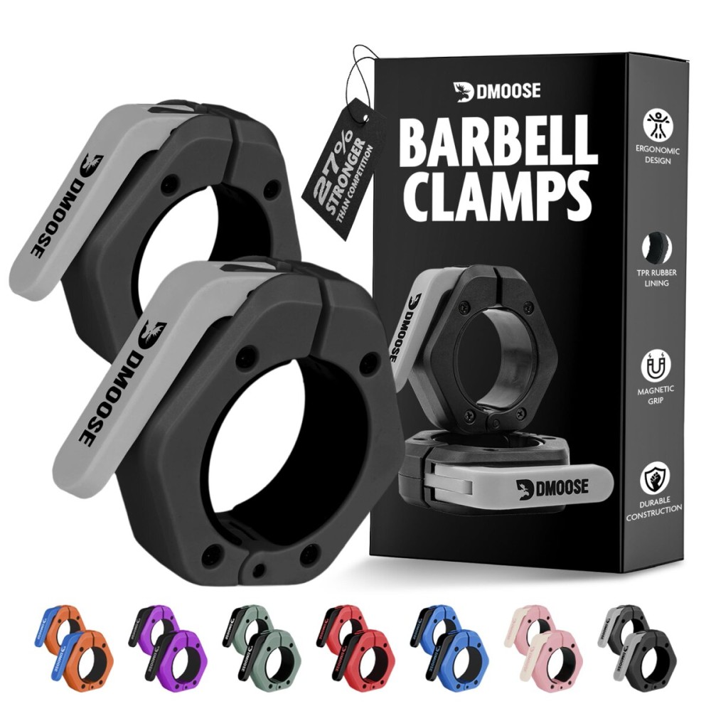 DMoose Fitness Barbell Clips 2 (Pair) - Quick Release Olympic Barbell Clamps with Anti Slip TPR Lining - Barbell Collars for Secure Weightlifting & Powerlifting (Black & Gray - Non Magnetic)